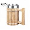Rustic Wood Grain Beer Cup Barrel Mug, 600ml Stainless Steel Liner Stein, Insulated Mug Tankard for Pub Home Bar Party Gift