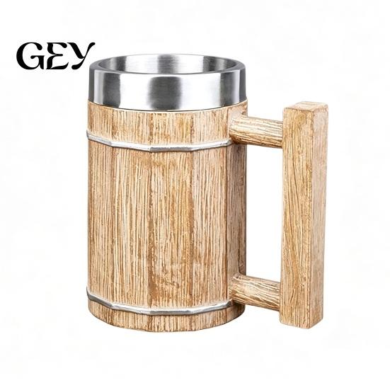 Rustic Wood Grain Beer Cup Barrel Mug, 600ml Stainless Steel Liner Stein, Insulated Mug Tankard for Pub Home Bar Party Gift