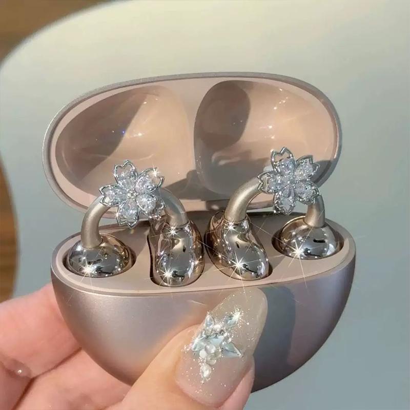 Flower Blossom Rotating Ear Clip Earrings For Earphone Non Pierced Women Shining Jewelry For Party And Office Style