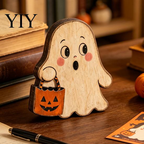 Decorative Wood Souvenirs Halloween Haunted House/Cute Ghost Wooden Table Ornaments, Rustic Farmhouse Tiered Tray Vintage Distressed Crafts