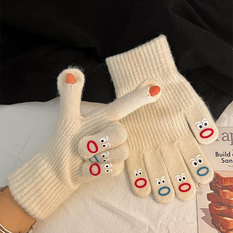 Big mouth monster gloves five fingers cute Korean version wool knitted thickened thermal gloves women's winter riding can touch screen