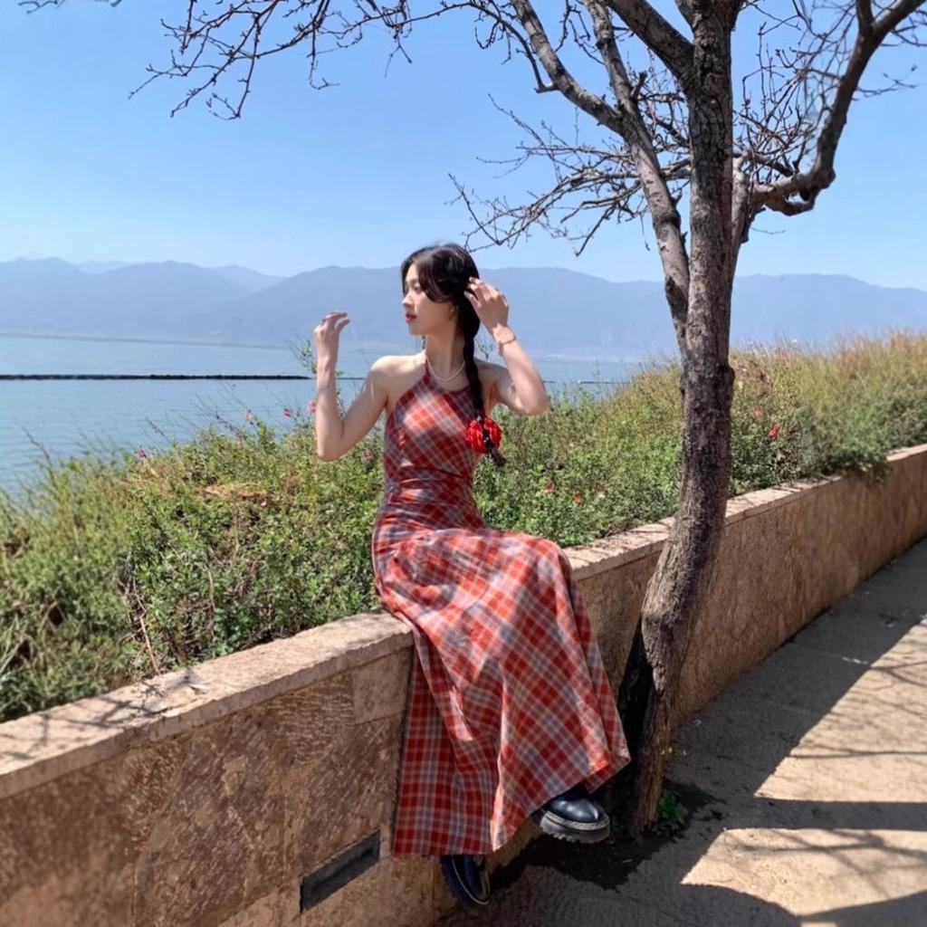Holiday Style Dress Summer French Dopamine Sweet Plaid Halter Sling Long Skirt Niche Waist and Thin