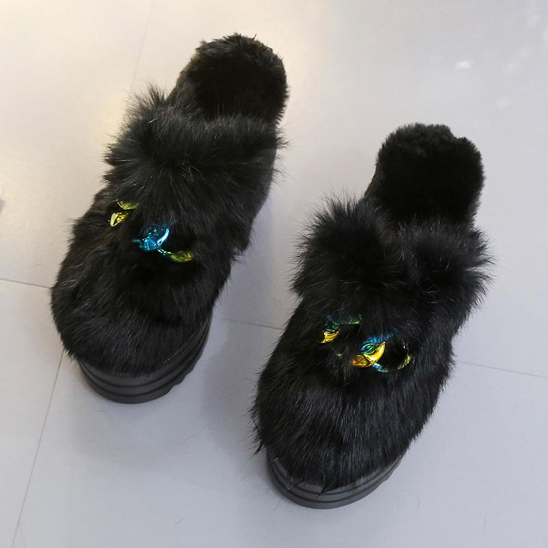 Slim Women's Slim Slippers Wedge Water Diamond Inner Elevated Thick Sole Shoes Women's Autumn and Winter Shoes Fur Plush Fashion