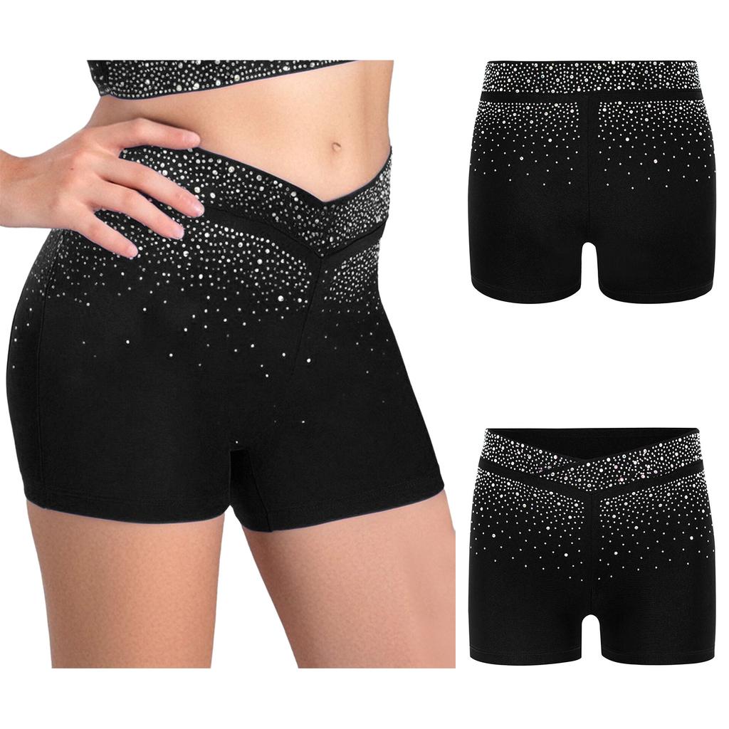 Kids Performance Shorts with Sparkling Rhinestones V-Front Elastic Waistband for Dance Gymnastics