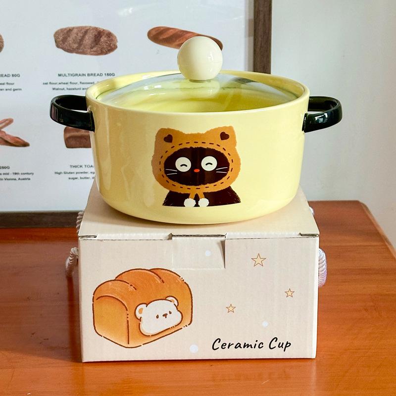 Cute cat ceramic instant noodle bowl with lid student dormitory instant noodle bowl large capacity snail powder personal special bowl