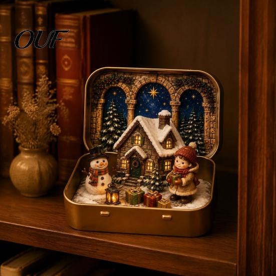 Small Holiday Tabletop Decor Mini Christmas Set in A Tin Box, Pocket Size Scene Tiered Decoration Box with Miniature Figures, Collectible for
