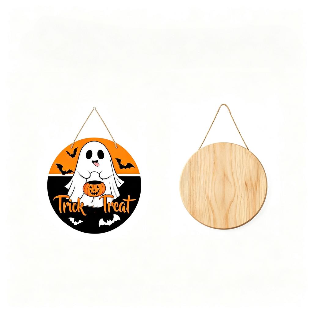Wooden Hanging Halloween Sign Party Decoration Ghost Design Wall Ornament Rustic Style Door Plaque for Seasonal Indoor Outdoor Use