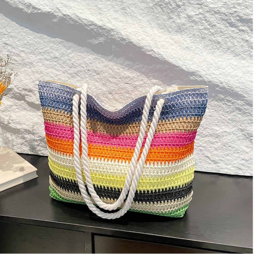 Bohemian Style Strip Weave Bag Beach Handbag Hollow Tote Bag Casual Rainbow Beach Bag  Vacation