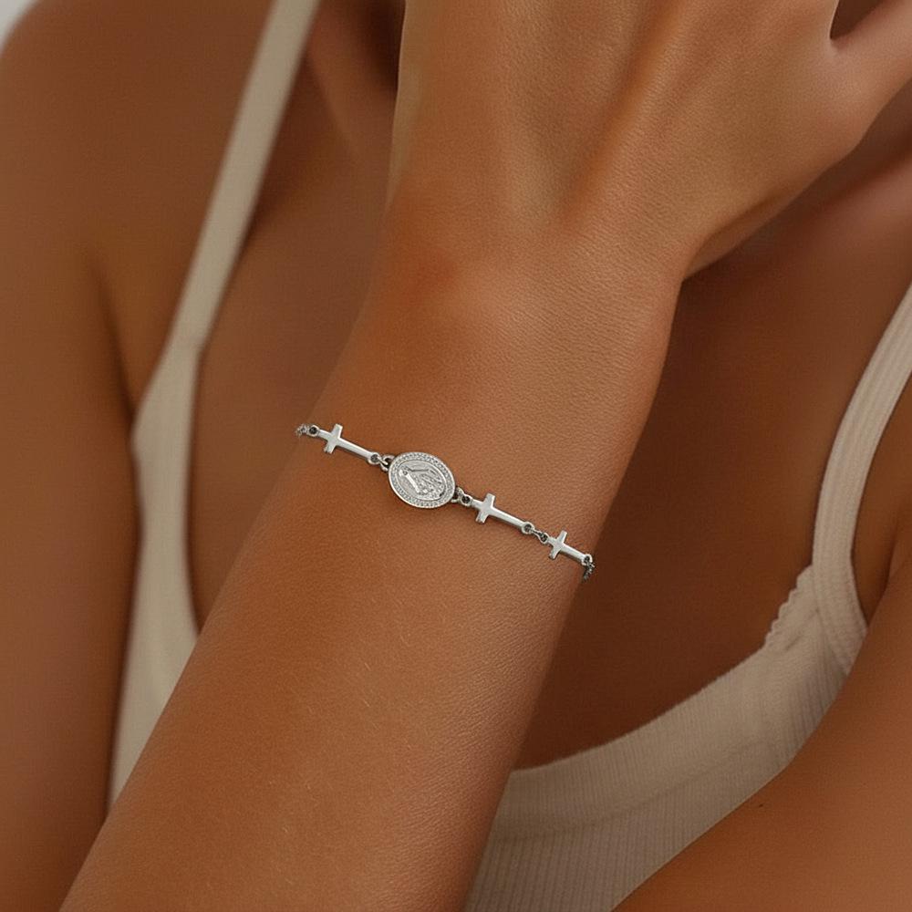 18K Gold Plated Stainless Steel Cross and Totem Pendant Bracelet for Women