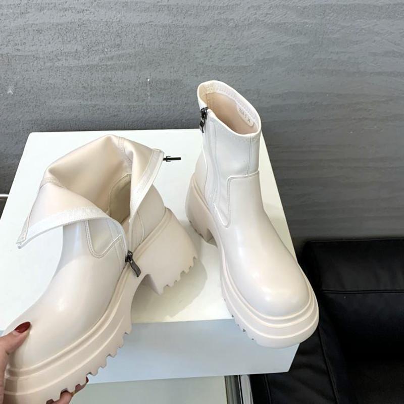 Fashion Black Soft Leather Ankle Boots Women Side Zip Design Platform Boots for Women Chunky Heel Non-slip Autumn Warm Biker Botas Mujer