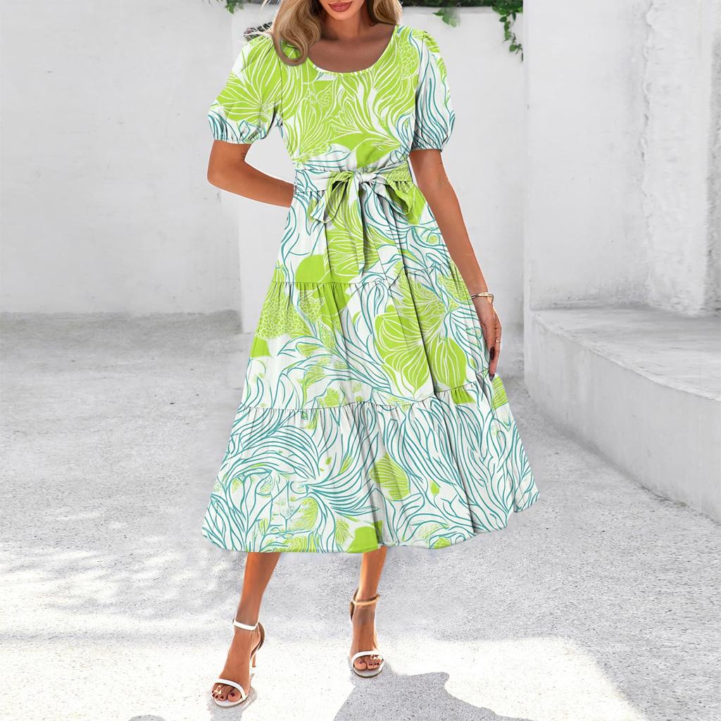 Women's Summer Short Sleeve Round Neck Waistband Bohemian Flowy Layered Maxi Dress With Pockets