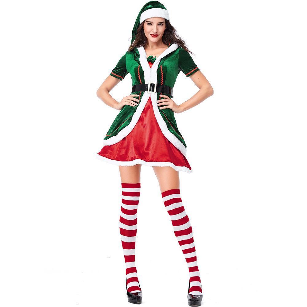 Erwachsene Damen Neujahr Weihnachten Xmas Grünes Elfenkleid Hut Gürtel Sets Halloween Rollenspiel Verkleiden Cosplay Kostüm