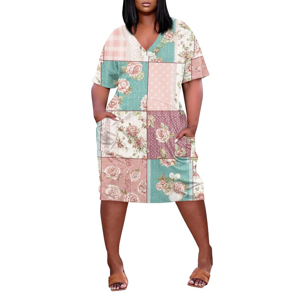 Summer Plus Size V Neck Short Sleeve Knee Pocket Print Casual Dress For Women