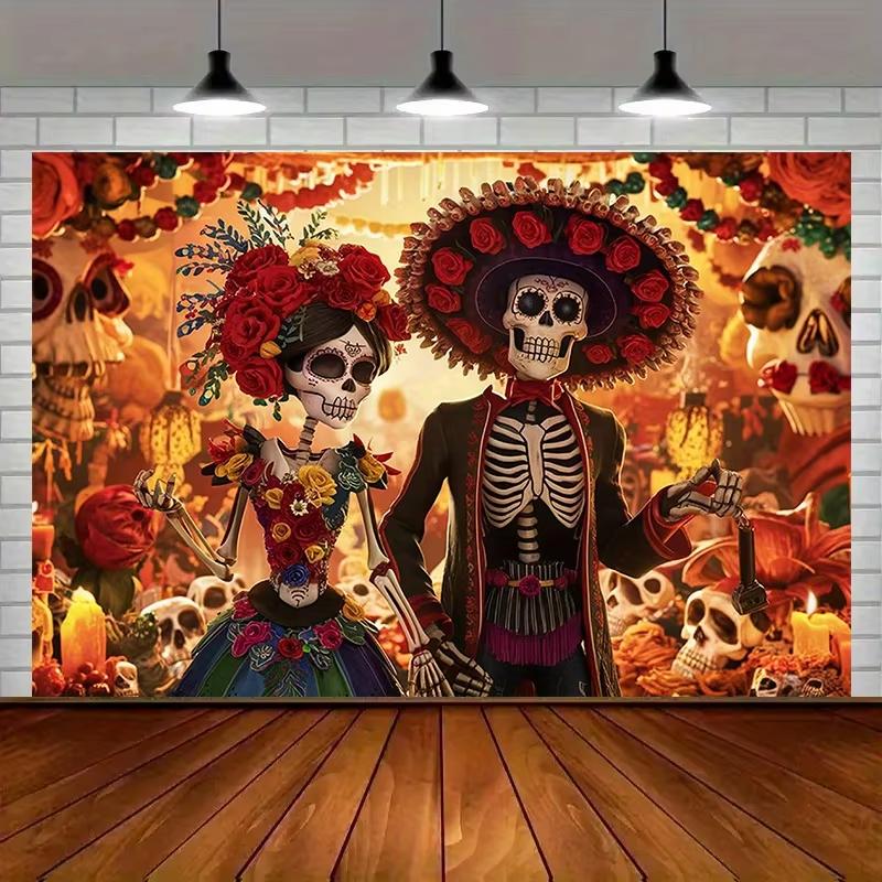 1 piece, Death's Day flag, vivid sugar skull and floral wall decoration, seasonal home decoration, 3D holiday photo background