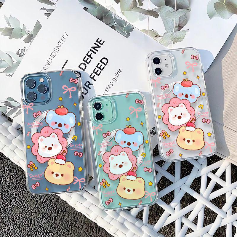 Transparent Magnetic Phone Case with Cute Animals for Apple 17 Promax