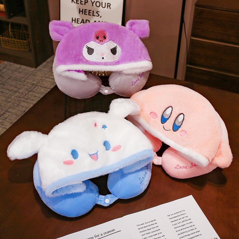 Hooded Cartoon U-Shaped Travel Neck Pillow with Hat - Gift for Girls