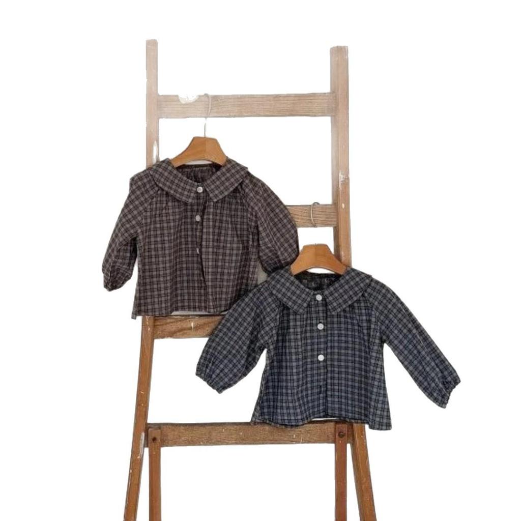 Kid's Retro Plaid Lapel Shirt, 2026 Spring/Summer Unisex Pure Cotton Casual Top