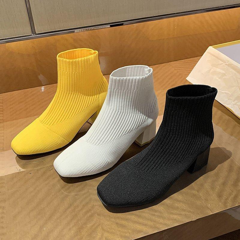 Fashion Stretch Sock Boots For Women Boots 2025 Square Heel Yellow Knitting Shoes Elastic Cottton Boots Lady Footwear