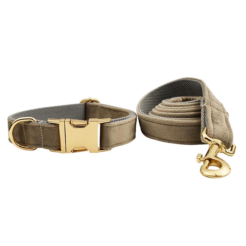 Adjustable Gray Velvet Dog Collar and Leash with Engraving Option XS