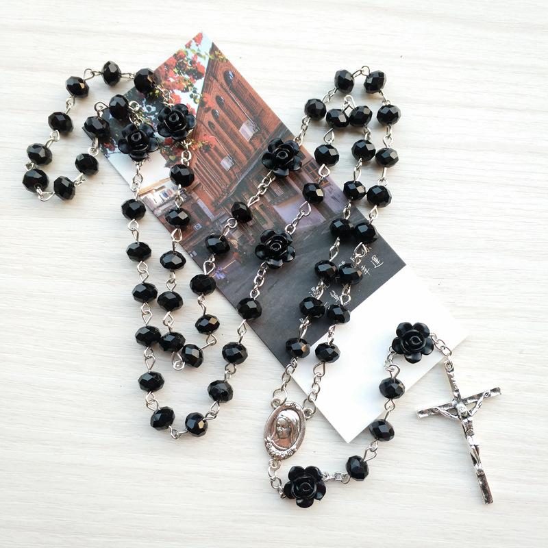 QIGO Rosa Rosenkristall Rosenkranz Halskette Katholisch Vintage Kreuz Anhänger Lange Halskette Religiöser Schmuck