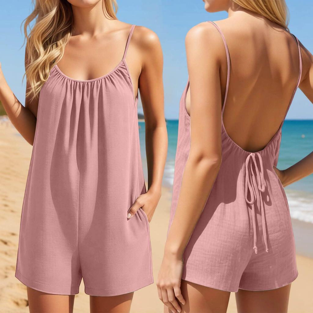Summer 2026 Women's Linen Shorts Jumpsuit - One-Piece Romper for Beach Vacations