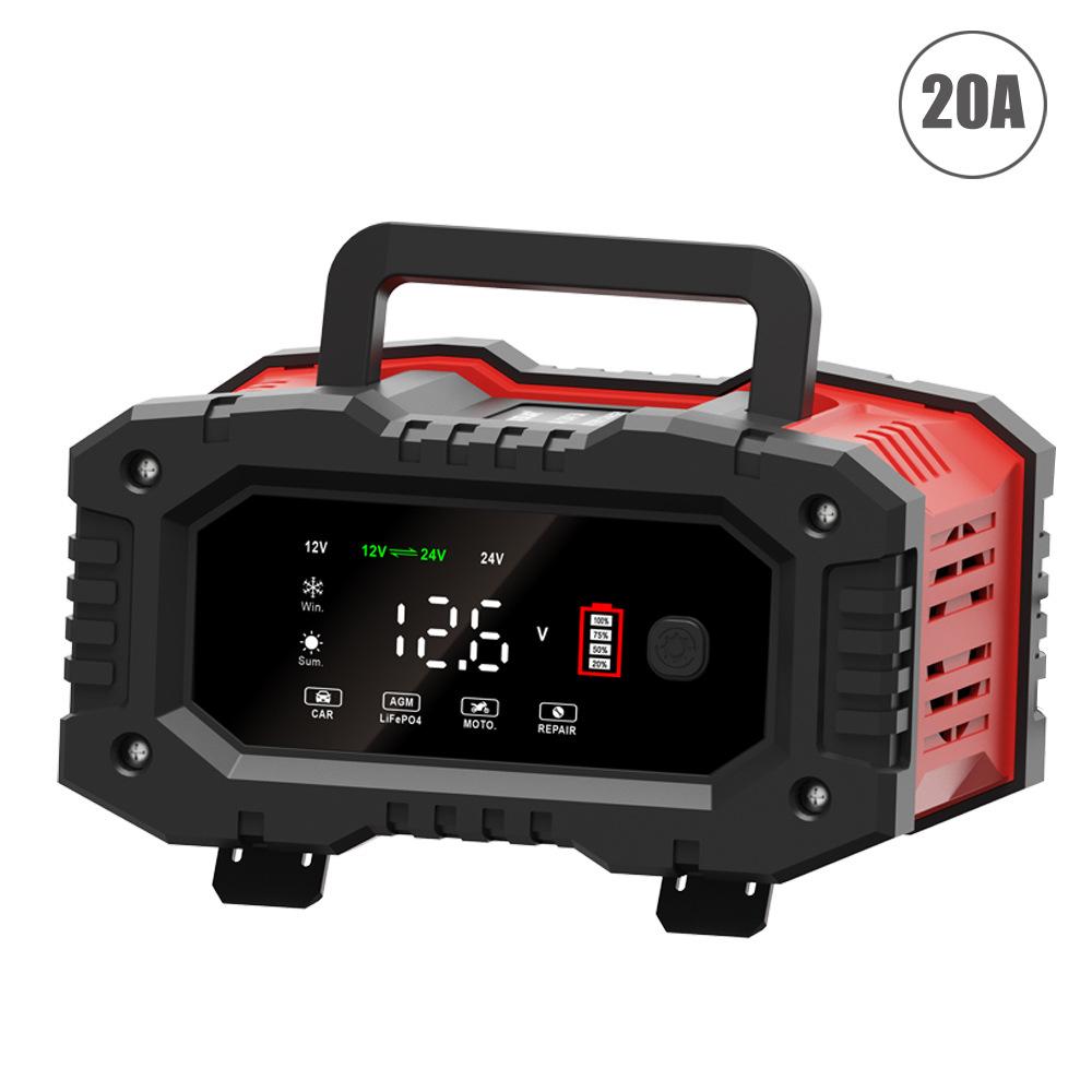 מטען מצברים אוטומטי מלא 12V/24V 20A/10A 7-סגמנטי חכם למצבר רכב תיקון פולסים לטעינת מצברי עופרת חומצית רטובים ג'ל AGM
