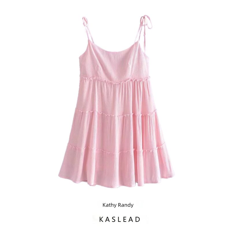 Kaslead New Arrival Women's Clothing Fashion Style Layered Patchwork Pink Sling Dress Loose Versatile Short Skirt