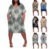 Letní nadměrné velikosti V výstřih krátký rukáv ke kolenům kapsa potisk ležérní šaty pro ženy