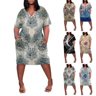 Robe d'été grande taille col V manches courtes genou poche imprimé décontractée pour femmes