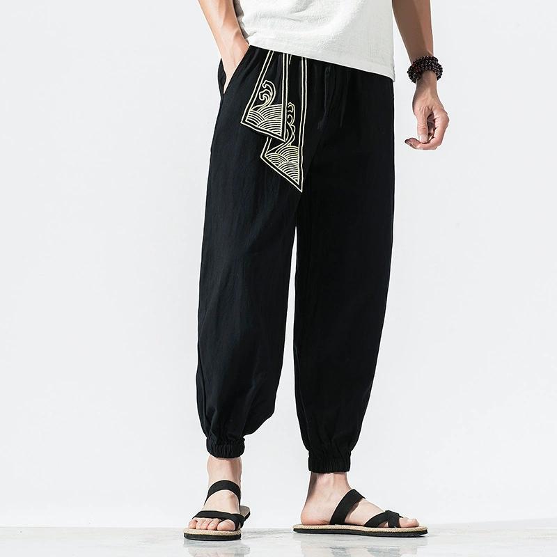 Men Cotton Linen Print Belt Retro Harem Pants Haori Baggy Trousers Harajuku Hip Hop