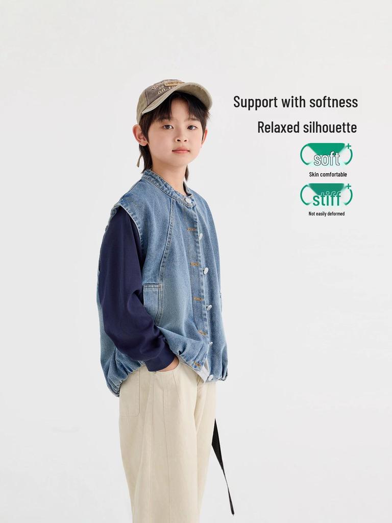 Boys' Korean Style Denim Outdoor Vest - Autumn 2026 Collection, Fashionable & Comfortable Children’s Waistcoat Jacket