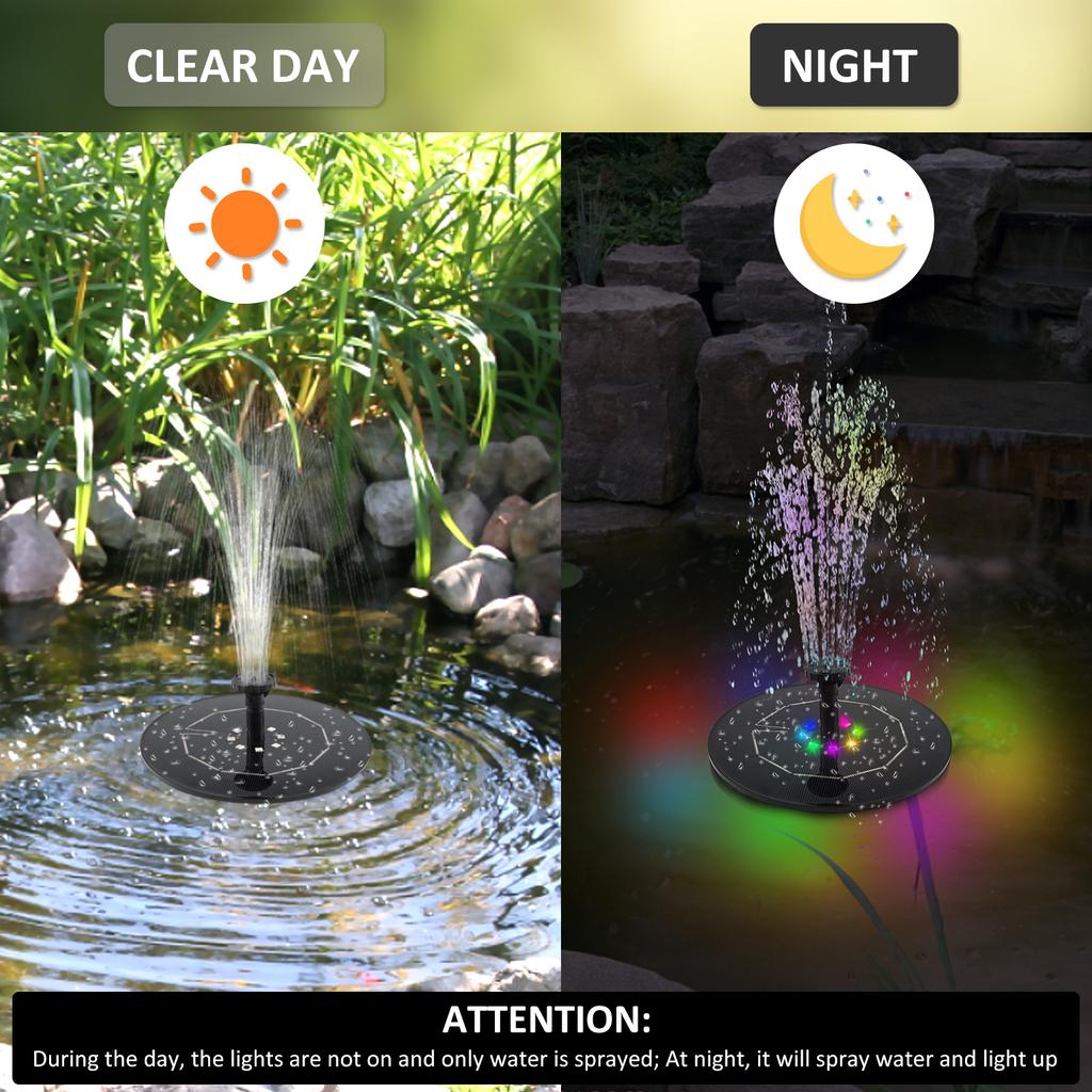Color LED Solar Rotating Fountain with Light Top Stick Nozzle Water Pump for Bird Bath 6W Garden with 8 Nozzles DIY Cistern