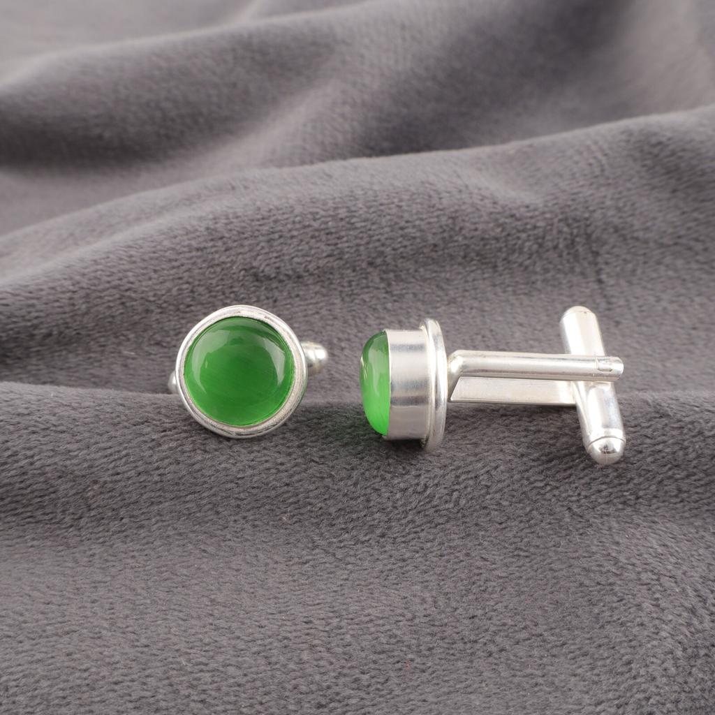 925 Sterling Silver Green Cat's Eye Gemstone Cufflink Handmade Jewelry For Him CL-4-26