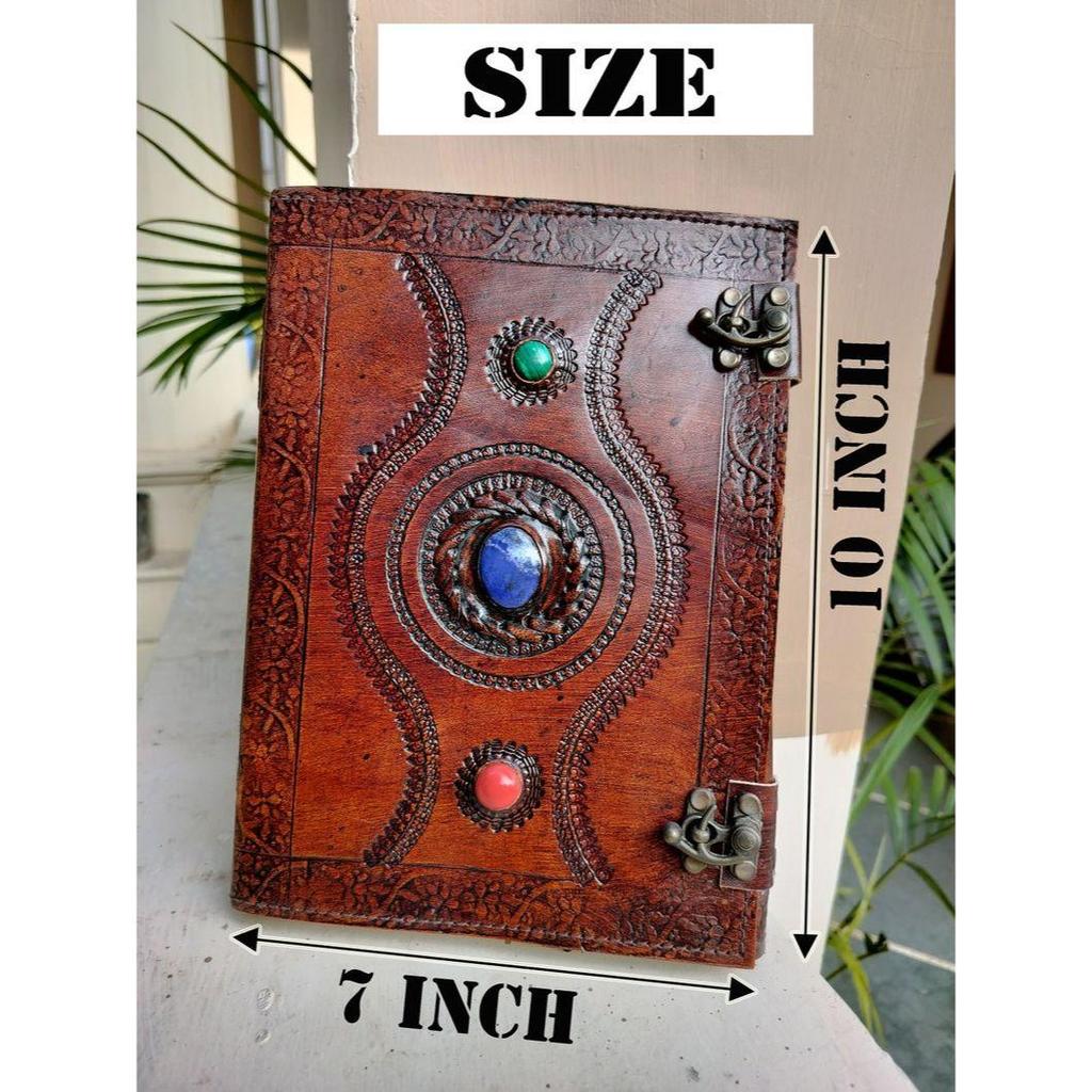 Handcrafted Leather Grimoire Journal: Custom Three Stone Design, Ideal Gift