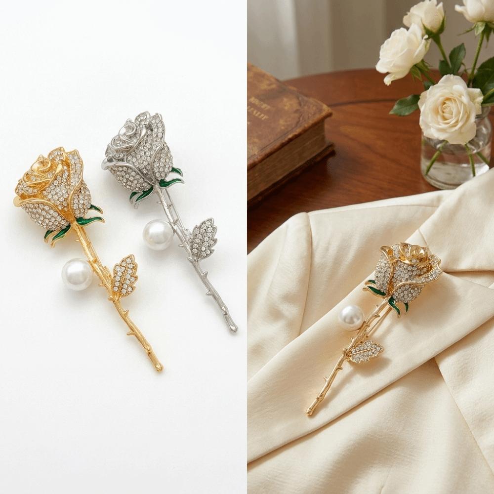 Fashion Alloy Rose Brooches Anti Fading Sparkling Flower Brooches Full Diamond Rhinestone Brooches Jewelry Gifts