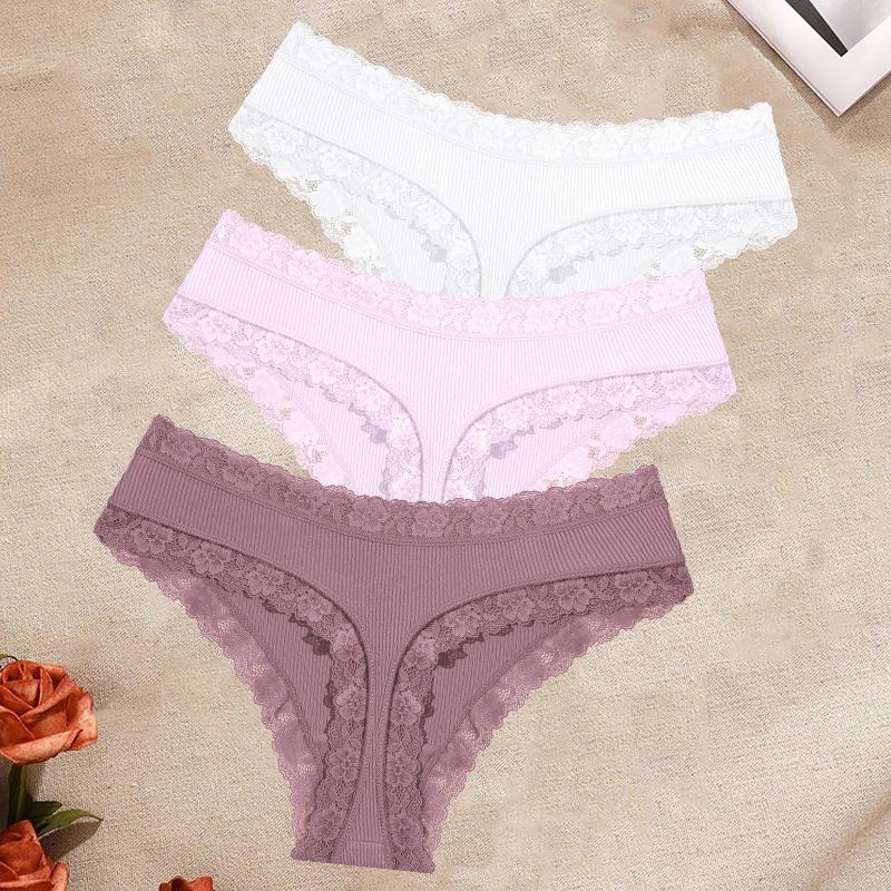 FINETOO 3Pcs/Set Women's Cotton Lace Thongs Underwear Seamless Low Waist Ribbed Breathable Panties Female Soft Comfortable Sexy Lingerie