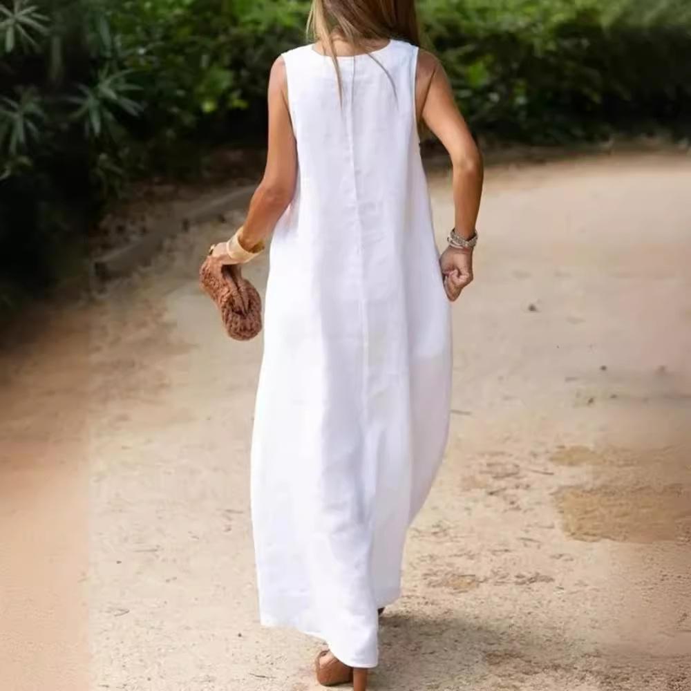 Women's Spring Summer Cotton Linen Maxi Dress, Deep V Neck Sleeveless Plus Size Loose Casual Long Dress with Pockets