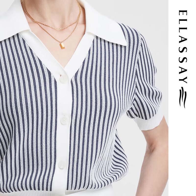 ELLASSAY Women's Striped Polo V-Neck Knit Top