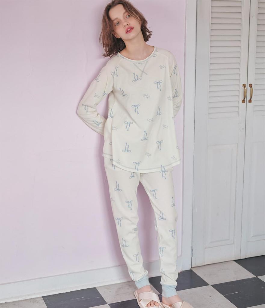 Peach John Thermal HARA Maki Top and Bottom Sizes Comfortable Belly Loose Women's Pajamas, Loungewear, Set, Ribbon, M/L, Cotton, Warmth, Wrap, Fit,