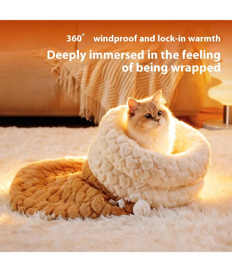 Enclosed Cat Bed with Tunnel Entrance - Self Warming Plush Rabbit Fur Sleeping Bag for Winter, Secure Hideout for Pets