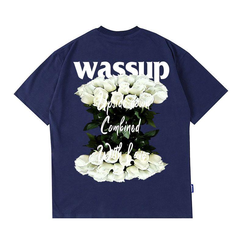 Wassup Rose Letter American Style Short-Sleeve T-Shirt for Men, Summer 24 New Heavyweight Street Couple T-Shirt Top