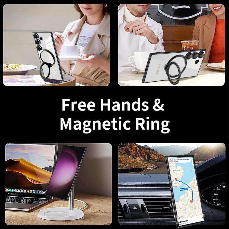 Clear Wireless Charge Phone Case For Samsung S25 Ultra S24 FE S23 S22 A16 A56 A36 A55 A15 A35 Slim Transparent Shockproof Magnetic Holder Cover