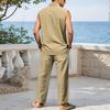 European Men's Linen Sleeveless Lapel Shirt & Long Pants Set – Breathable for Vacation