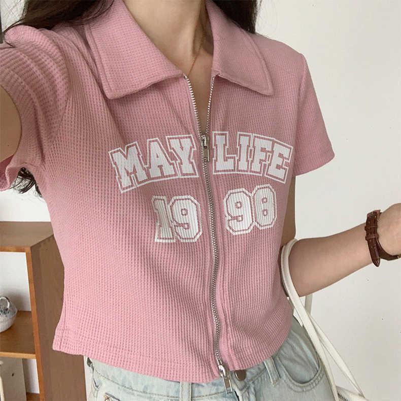 

Женский укороченный кардиган на молнии с принтом букв - Вафельная вязка, воротник поло, футболка с коротким рукавом для весны/лета 2025. S (60-80 lbs)