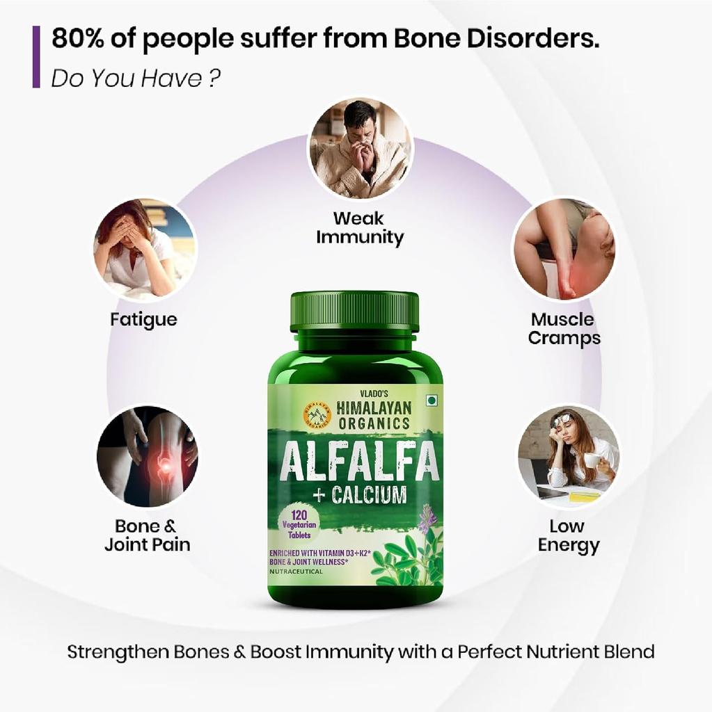 Vlados Himalayan Organics Luzerne Kalzium Tabletten Mit Vitamin D3 K2 Magnesium Zink Für Knochen Gelenk Muskel Unterstützung 120 Tabletten