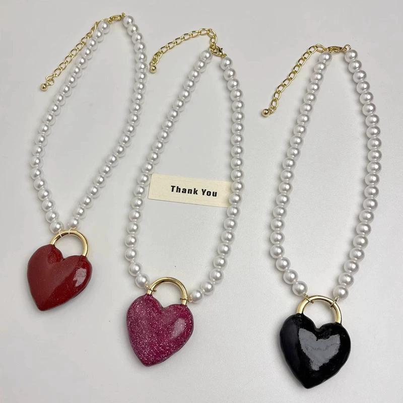 Retro Women's Sparkling Heart-Shaped Pendant Pearl Necklace 2025 New Heart-Shaped Necklaces Fashion Trendy Jewelry Accessories