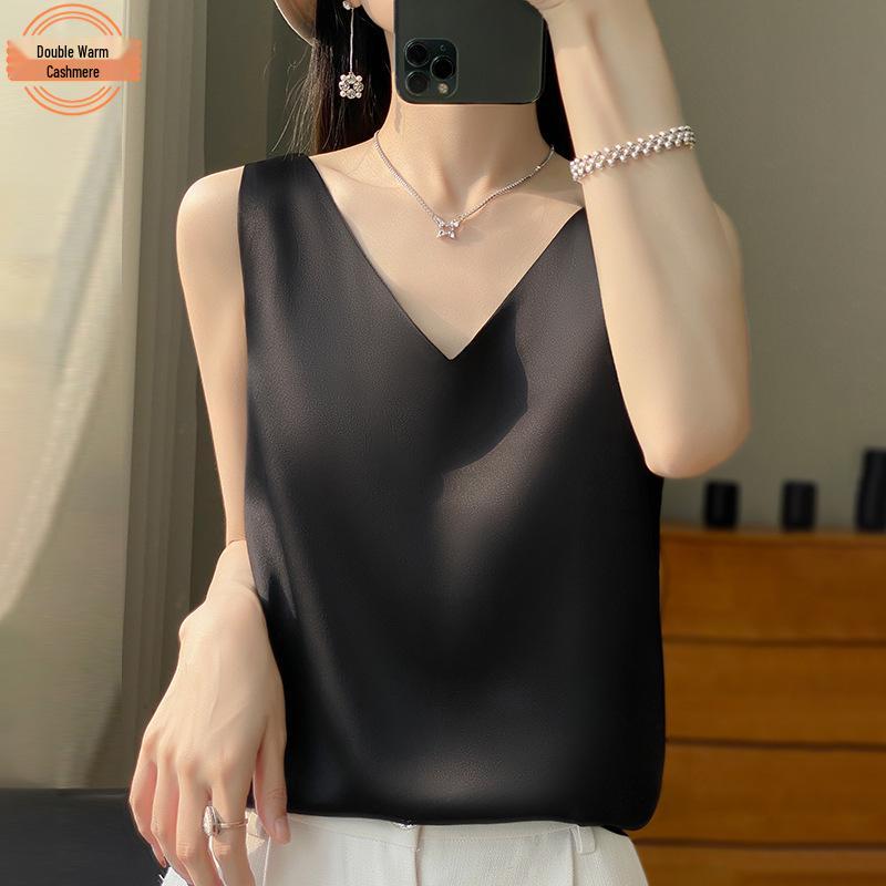 

Women s Satin Faux Silk V-Neck Camisole Sleeveless Acetate Top L темно-синий