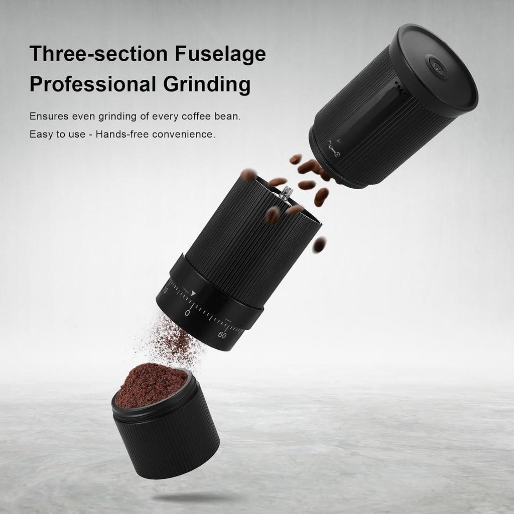 Bärbar elektrisk uppladdningsbar kaffebönkvarn med koniskt justerbart inställningssystem i rostfritt stål, kvarn med ett klick