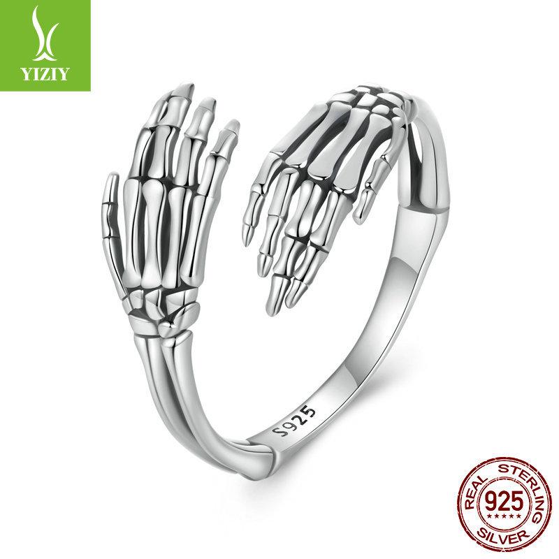 Halloween Skull Hand Plain Silver Open Ring, Ornament Personality S925 Sterling Silver Ring