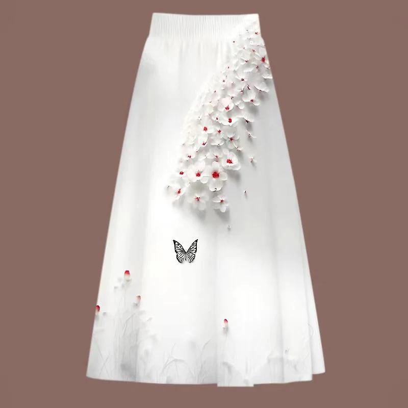Gonna Lunga Bianca da Donna con Ricami Floreali e Applicazione a Farfalla, Elegante, Linea ad A, Fairycore